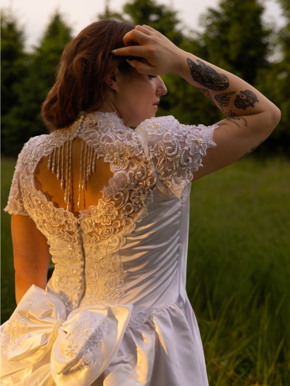Vintage 1980s Wedding Dress with Veil & Detachable Train